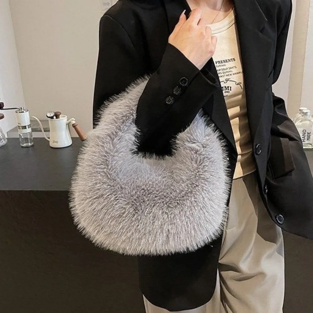 

Trend Elegant Faux Furry Texture Purse Half Moon Shape Soft Clutch Handbags Small Lightweight Tote Bag Daily Use