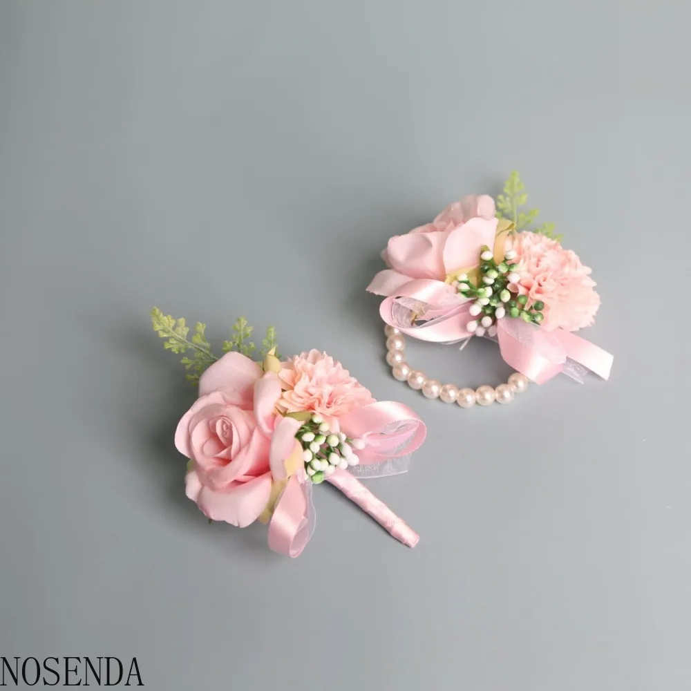 Pearl Wrist Corsage for Bridesmaid Pink Corsage Boutonniere Marriage Accessories for Groom Wedding Decoration
