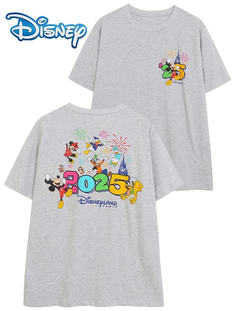 

Disneyland Castle Mickey Mouse And Friends Cartoon Print Gray T-Shirt 2025 Fashion Women Short Sleeve O-Neck Pullover Tee Top