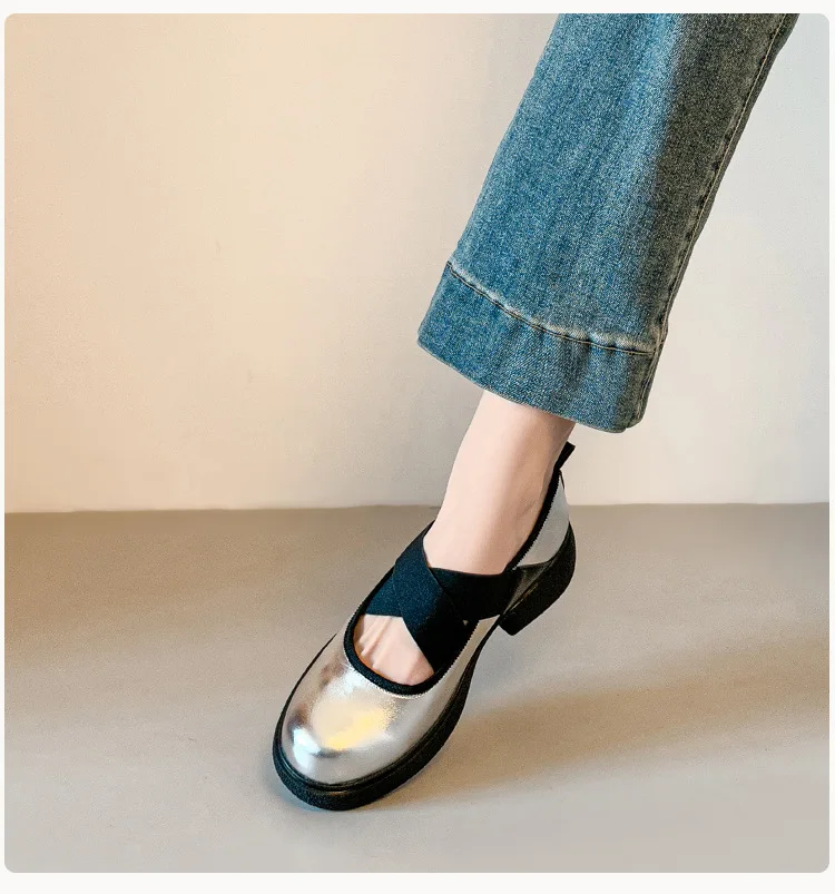 

Spring British Style Chunky Heel Mary Jane Shoes for Women with Cross Straps Round Toe Slip-On Commuter Flats Women's Shoes