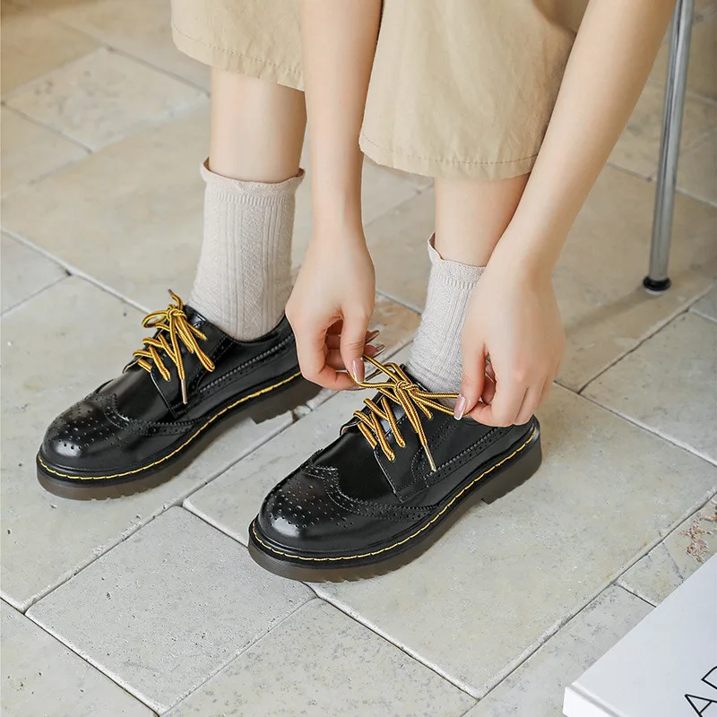 

Spring Platform Casual Shoes Autumn Women Oxford Shoes Flat Black Lace Up Soft Lady Shoes Brogues Sewing Round Toe Zapatos Mujer