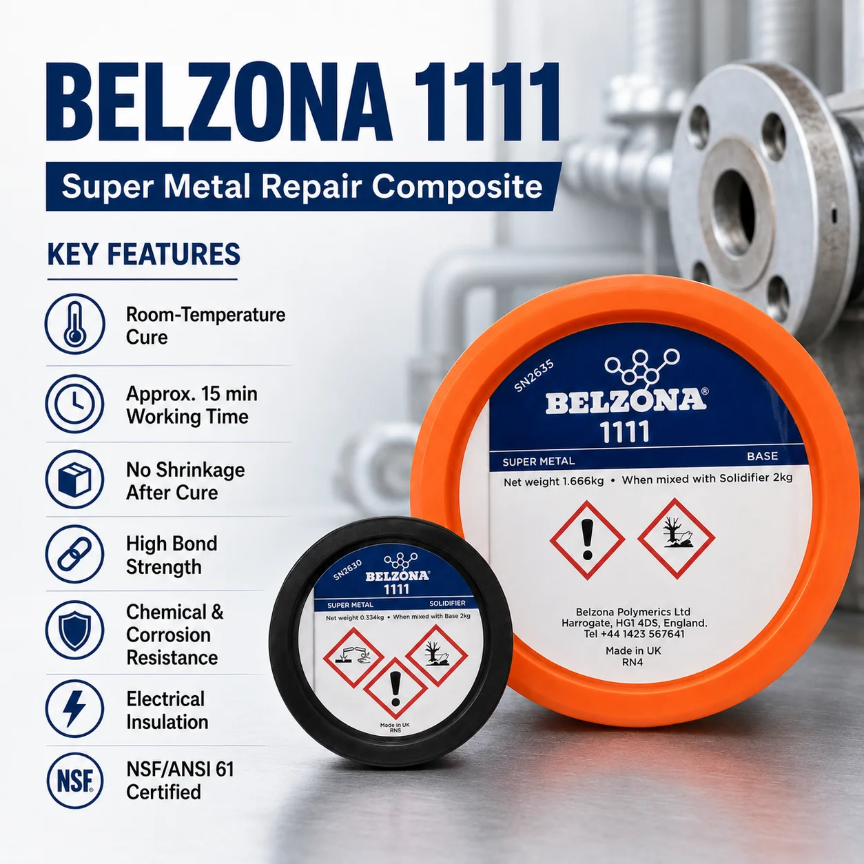 BELZONA 1111 Kit Metal Repair Epoxy Metal Repair Compound Machinable Putty Super Metal for Pump Shaft Pipe Tank 1KG
