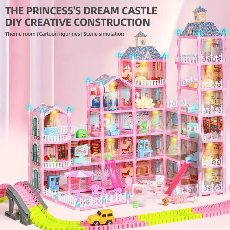 DIY Speelhuis Kasteel Speelgoed Assemblage Cartoon Scène Simulatie Met Licht Meubilair Stevige Villa Bouwstenen Speelgoed voor Meisje Cadeau