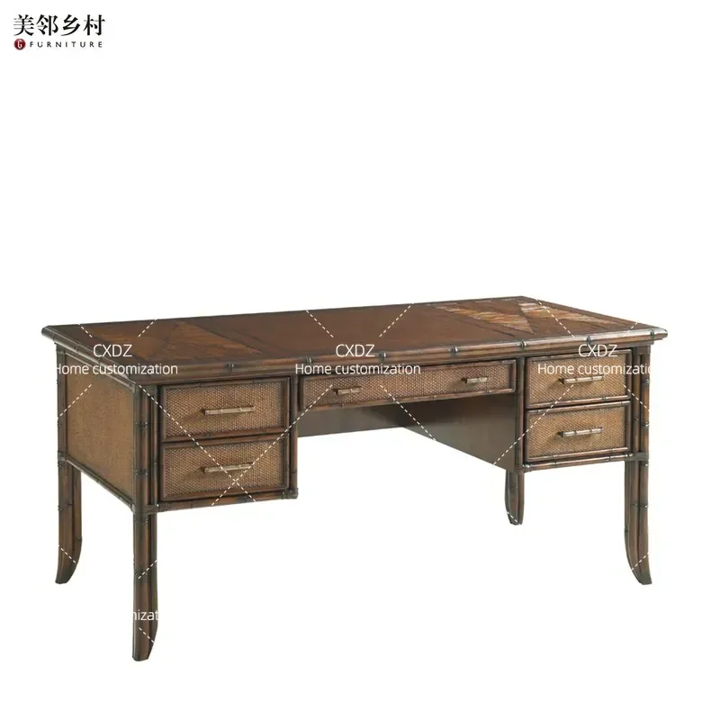 Tropical Style Bamboo Rattan Desk Chair Combination Creative Villa Home Study Table