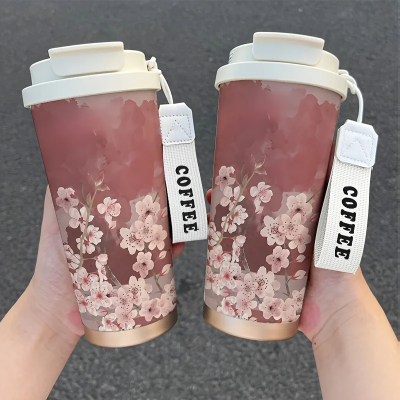 1 18-ounce stainless steel thermos with lid and straw outdoor sports cup  leak-proof flip, foldable hidden straw cherry blossom