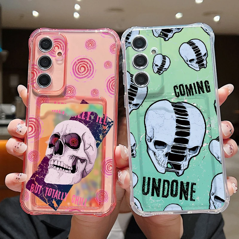 Skull Flower Pattern Phone Case For Samsung Galaxy S26 S24 S23 Ultra S22 Plus S25 Edge S25 FE Clear Card Bag Wallet Soft Cover