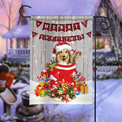 Shetland Sheepdog Merry Christmas Flag, Sheltie Dog Santa Claus Xmas Flag