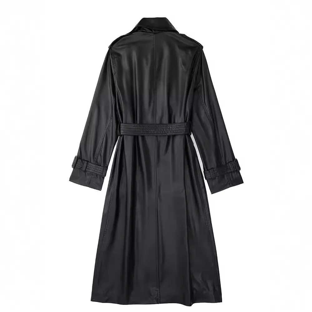 2024 Autumn and Winter Long Oversized Black Pu Leather Trench Coat for Women Belt Double Breasted Loose Casual Korean Fashion