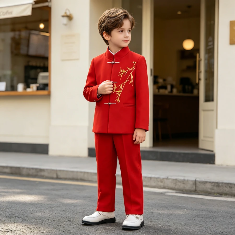 Kids Traditional Tang Suit Golden Bamboo Embroidery Jacket Trousers for Guoxue Performance New Year Party Birthday Photo Costume