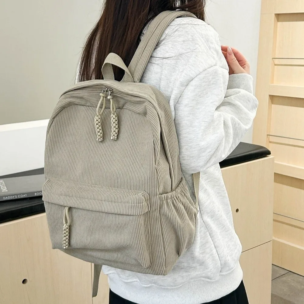 Lightweight Corduroy Backpack Large Capacity Solid Color Students School Bag Adjustable Shoulder Straps Portable