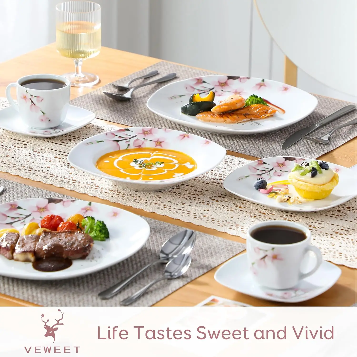 

Series Annie, Porcelain Dinnerware Sets for 6, White Dish Set with Pink Floral, 30 PCS Dinner Sets Including Plates,