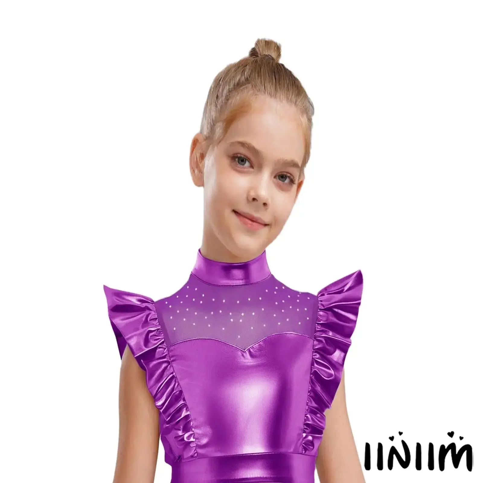 

Girls Jazz Shiny Ruffle Crop Tops Metallic Tank Tops Patchwork Rhinestone Sleeveless Press Buttons 70 80s Disco Dance Shirts