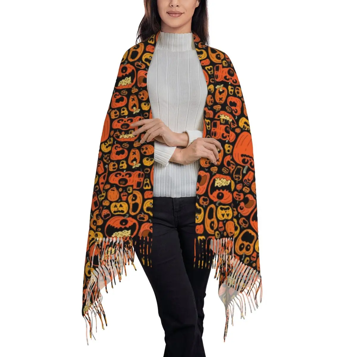 Ghost Pumpkin Halloween Scarf Tassel Scarves Women Soft Warm Shawls and Wraps Large Fall Winter Shawl Wrap