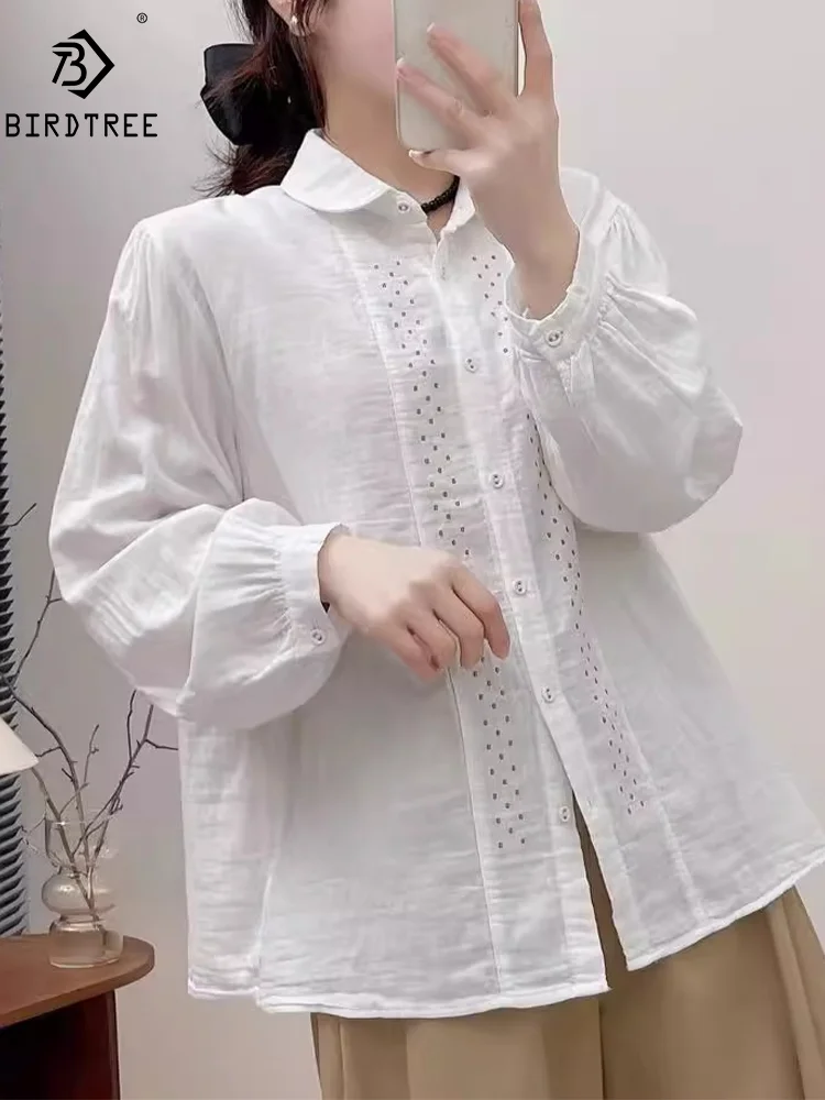 

New Summer Cotton Yarn Long Sleeve Shirt, Women Hollow Out Lapel Top, Girl Casual Sweet Loose White Blouse, 2024 Autumn T47868QM