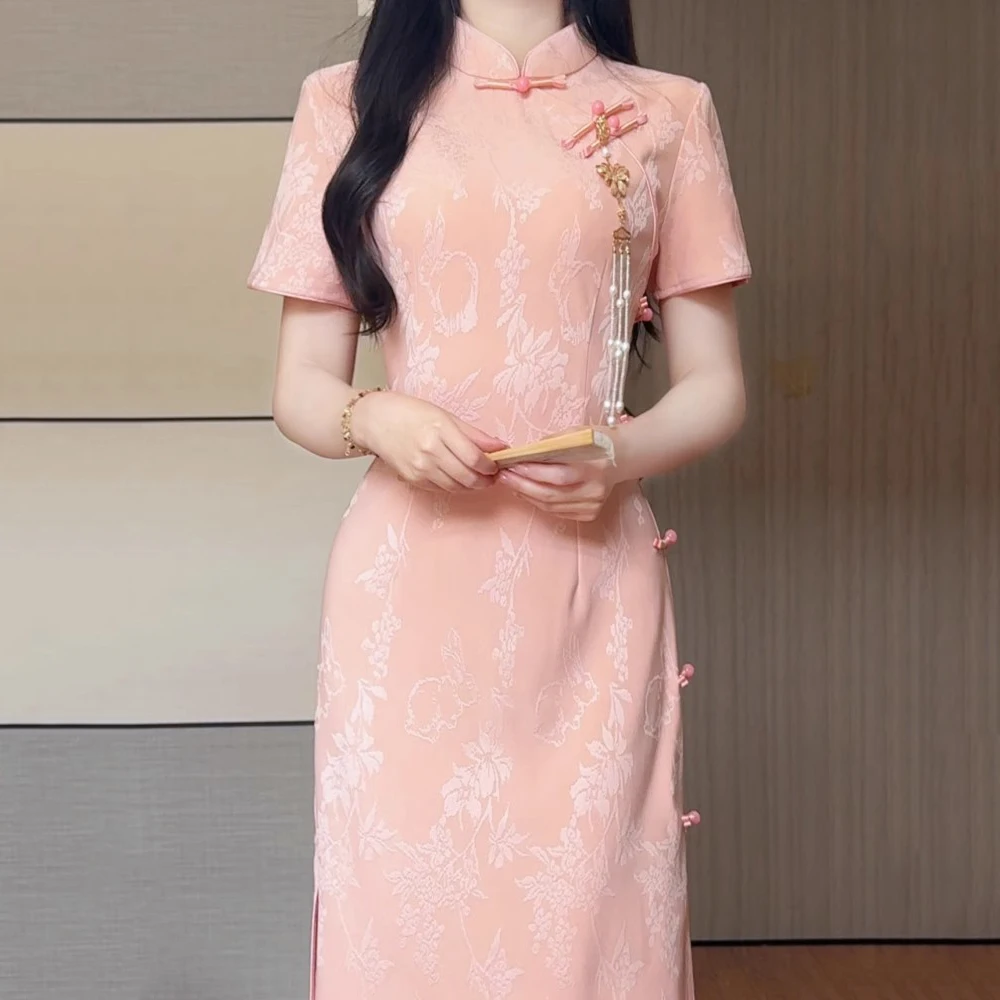 

Длинное платье Cheongsam во французском стиле для молодых девушек, новая улучшенная версия в китайском стиле, летнее элегантное винтажное жаккардовое платье в полный рост