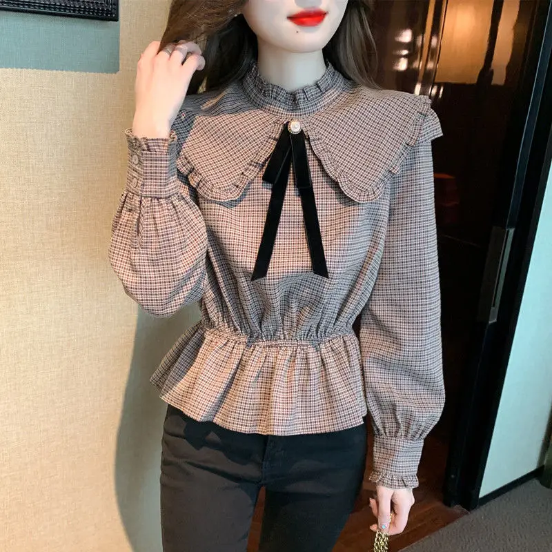 Ruffles Patchwork Pleated Blouse Spring Autumn New Long Sleeve Plaid Youth Vintage Shirt Tops Fashion Elegant Women Clothing