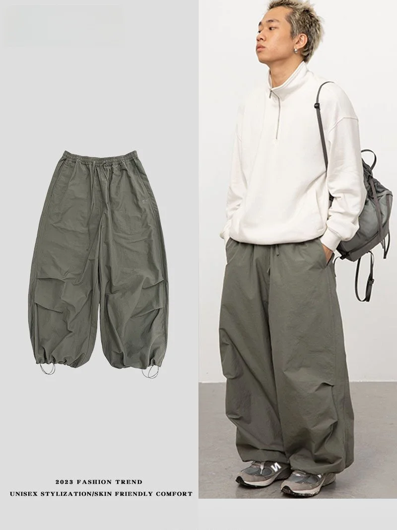 Loose Fit American Style Men's Summer Sport Pants Elastic Waist Baggy Airy Cuffed Casual Trousers Fashionable Polyester Fiber