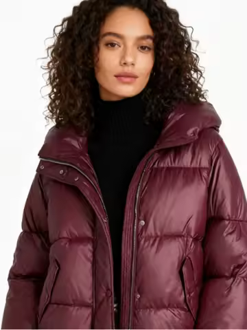 Women's Burgundy Hooded Puffer Jacket Warm Stand Neck Zipper Short Puffy Coats 2025 Female Winter Chic Casual Street Outerwear