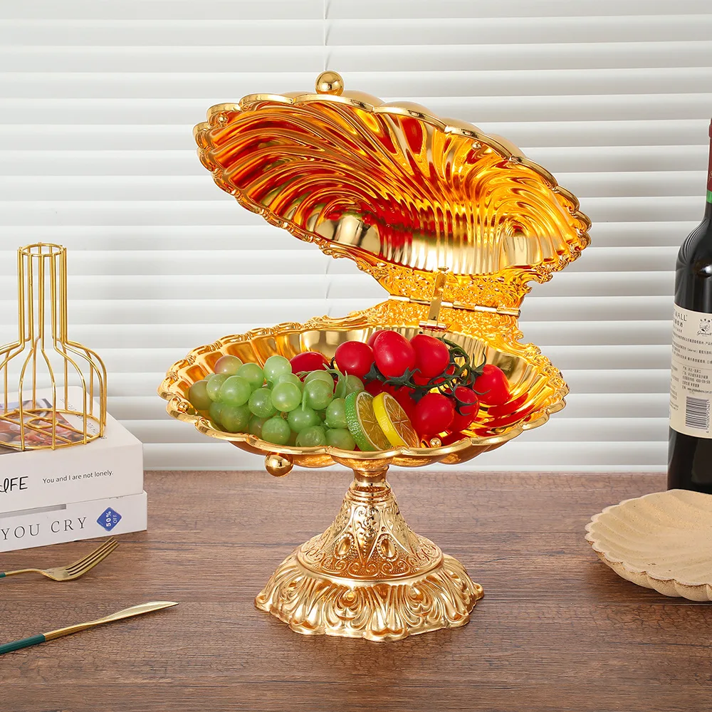 Exquisites Luxus-Tablett in Muschelform mit hohen Füßen, goldene Legierungs-Obstschale, europäische Snack- und Süßigkeitenschale, Hochzeits-Tischdekoration