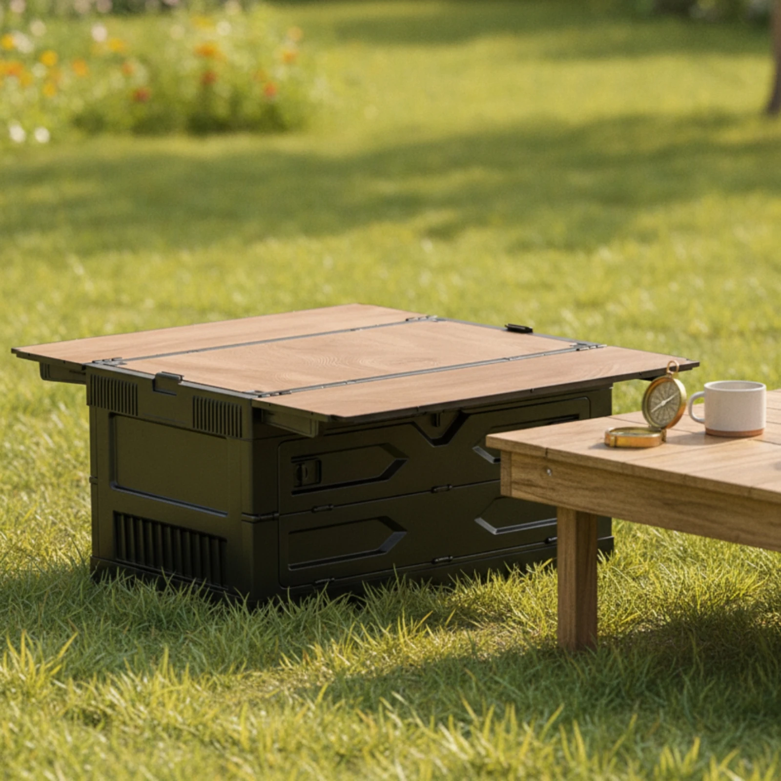 Camping Box with Wood Lid Stackable Foldable Storage Box Storage Crate with Handle Heavy-Duty for Campers, Car Trunk, Picnic