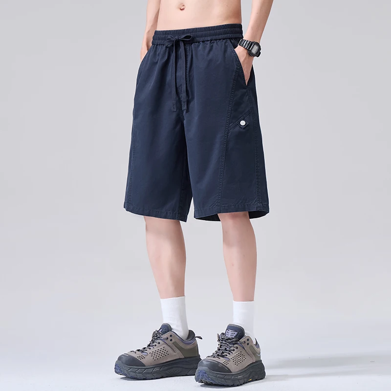 Pantalones cortos de verano para hombre, 100% algodón, estilo bermuda, corte holgado informal, color azul marino, cintura elástica con cordón, ropa para hombre