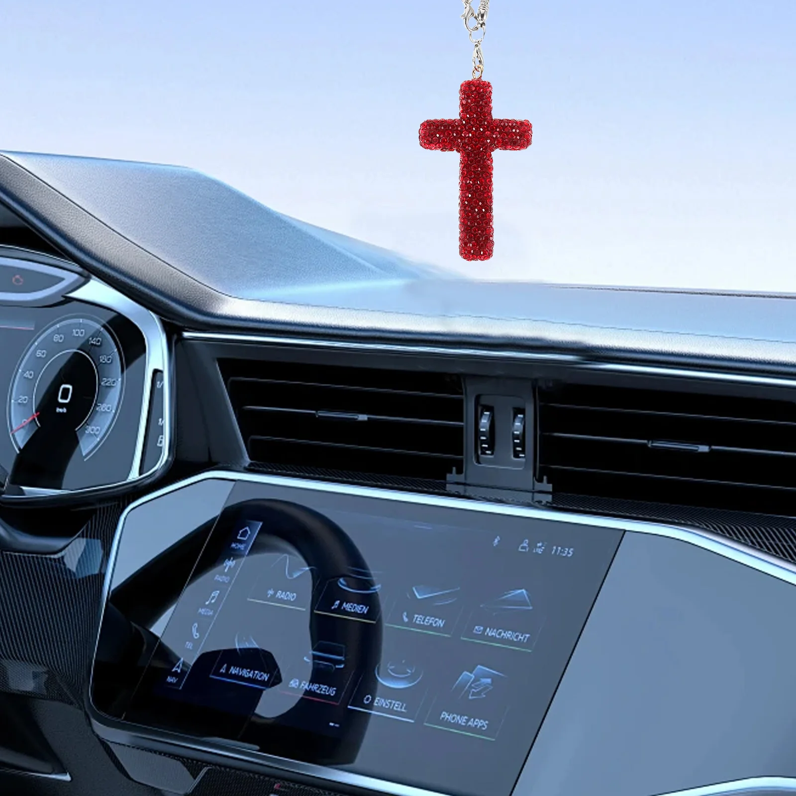 

Rhinestone Cross Pendant Car Charm Unique Religious Rearview Mirror Decoration Sparkling Crystal Car Interior Ornament Stylish