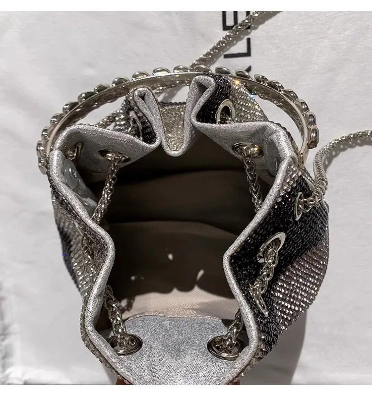 Fashion Gradient Color Bling Shiny Bucket Clutch Purse Crystal Rhinestones Diamond Evening Bag Luxury Women Handbag Shoulder Bag
