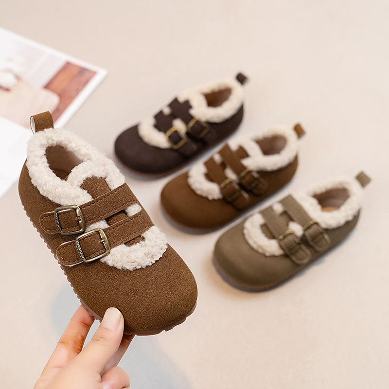 

Toddler Girls Warm Fleece Lined Leather Shoes with Double Buckle Straps 2025 New Winter Kid Walking Shoes Soft Sole Simple Flats