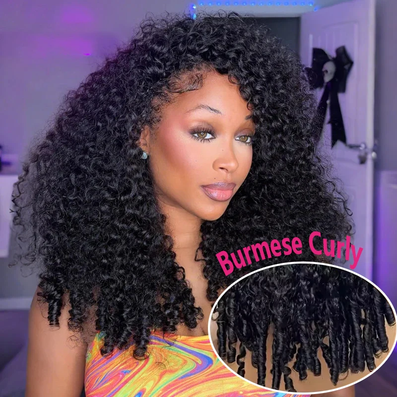 Burmese Curly Half Wig Human Hair Glueless Wig Human Hair Ready to Wear 3 IN 1 Half Wig Drawstring 250 Density Curly Half Wig