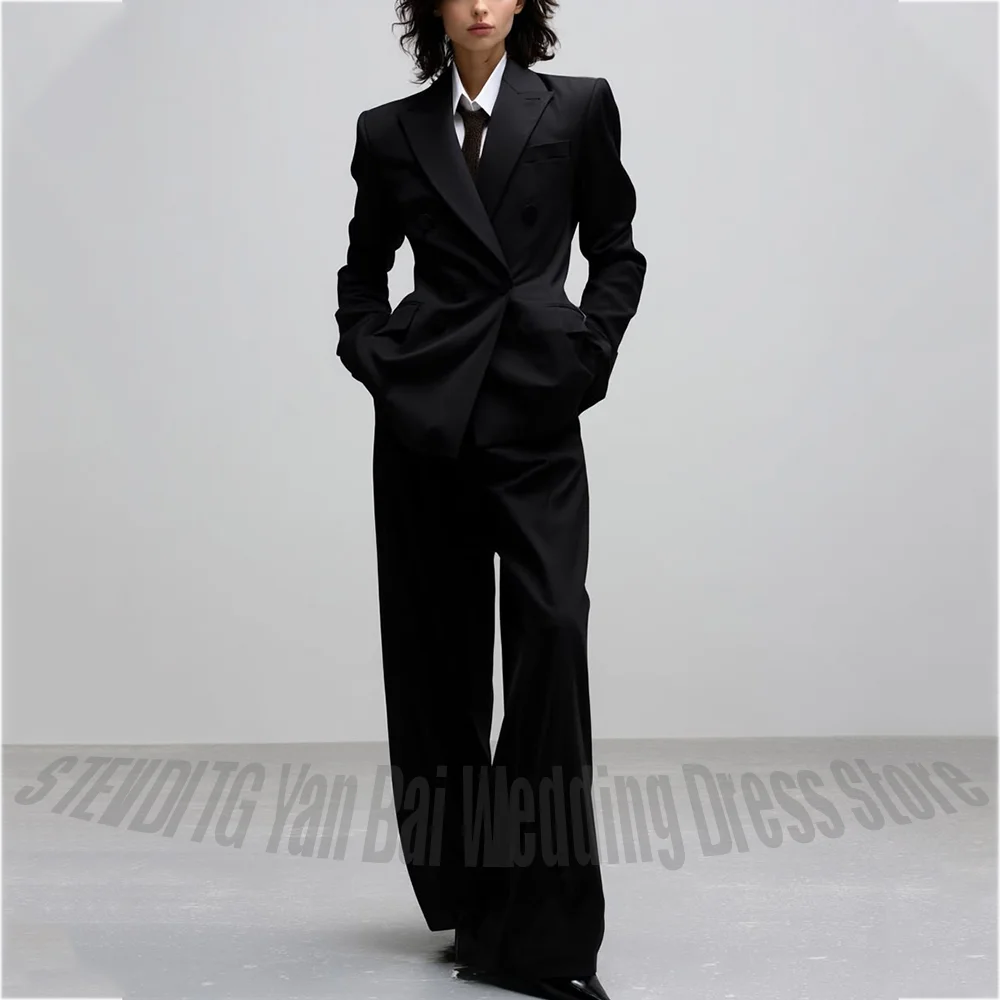 Casual Women Suit Trendy Solid Black Long Sleeve Lapel Straight Fashion Jacket Pants All-Match Shopping Street Style Daily Wear