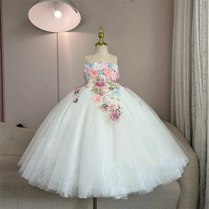 

Autumn New Sweet Children's 3d Flower Applique French Princess Dress Sleeveless Wedding Party Kids Ball Gown For Children Girl