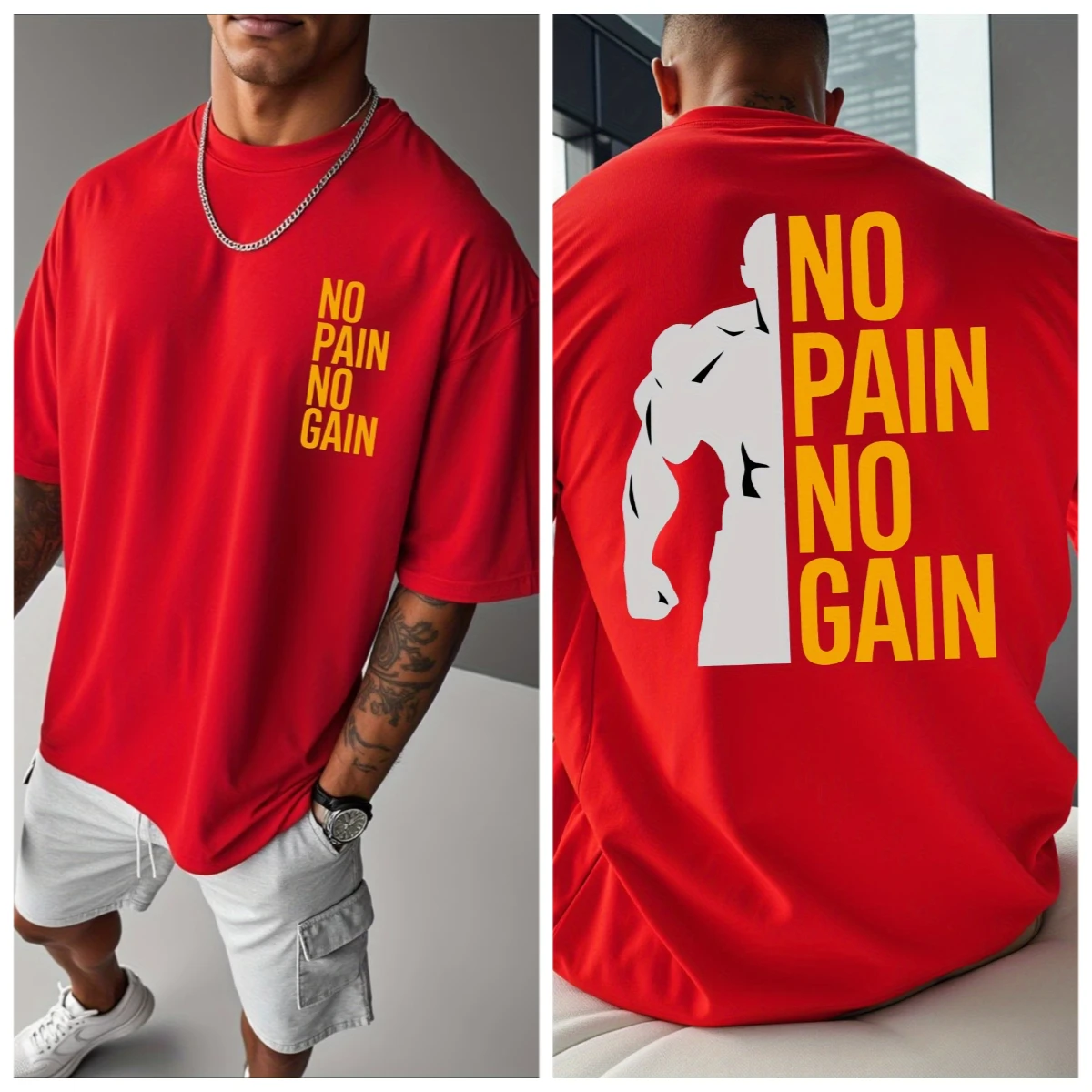 Outdoor sports - No pain, no gain. Gym. Printed T-shirt. Men's / Women's. Cotton. Loose-fitting. Casual short-sleeved T-shirt