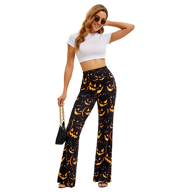 بنطلونات نسائية جديدة لعام 2025 لعيد الهالوين بتصميم واسع من الأسفل مع طباعة رقمية للفاكهة والخفاش، سراويل طويلة أنيقة للسيدا... #3