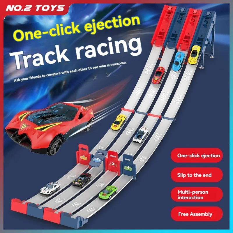 Zestaw kolejowy do samodzielnego montażu: katapulta, wagon dwu-komorowy, koła, model toru wyścigowego, mini samochody ze stopu, zabawki interaktywne dla rodziców i dzieci.