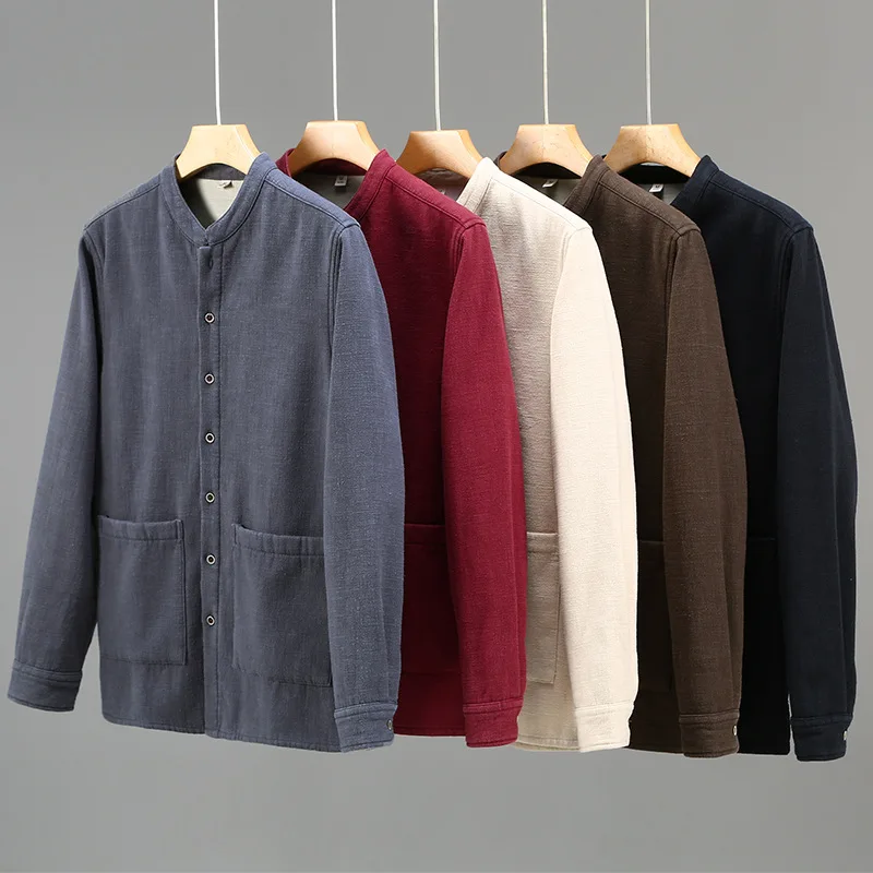 Retro Chinese Collar Fleece Lined Linen Jacket Men's Loose Versatile Cotton Linen Top Outerwear Warmth Youth Trend Winter Lon...