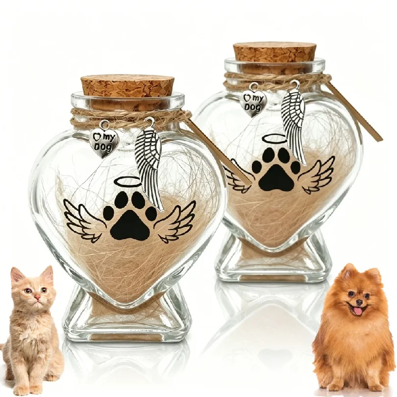 Pet Memorial Gift for Loss of Dog or Cat, Heart Shape Glass Jar & Bottle for Fur Hair Whiskers or Ashes Keepsake Urn with Cork