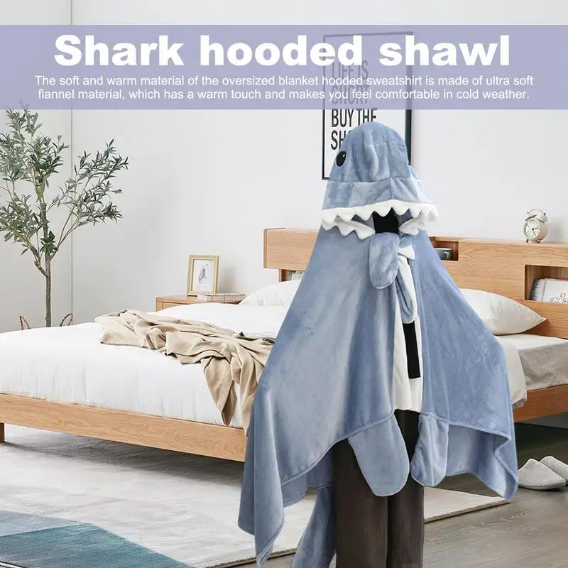 Cozy Flannel Hoodie Shark Sleeping Blanket Wearable Fleece Throw Blanket Adult Kids Shark Gifts For Shark Lovers