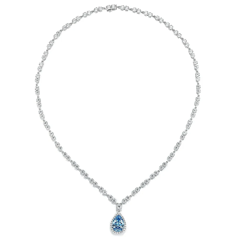 WUIHA Luxury Pear Cut Aquamarine High Carbon Diamonds Gemstone Necklaces Anniversary Cocktail 925 Sterling Silver Fine Jewelry