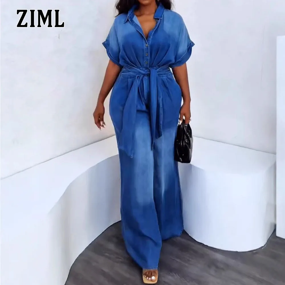 

ZIML Hit Color Spliced Lace Loose Jumpsuits for Women Lapel Short Sleeve High Waist Temperament Chic Jumpsuits Female Fashion
