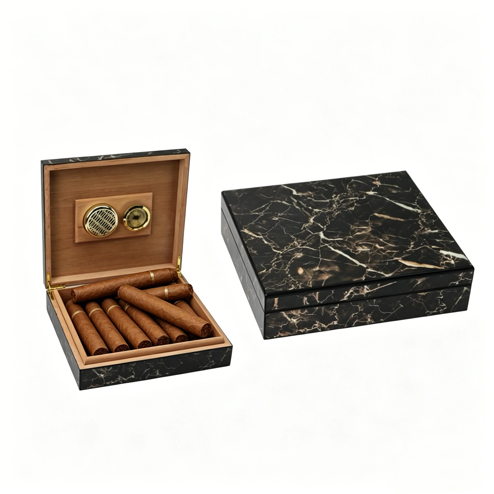 Vintage Marble Pattern Moisturizing Cigar Box With Cedar Wood Lining And Built-In Humidifier And Thermometer.