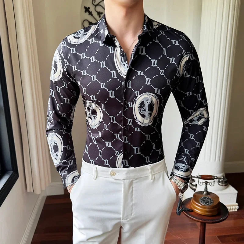 Luxury Brand Long-sleeved Men Printed Shirts Spring Autumn Fashion Slim Fit Men\'s Blouses Social Korean Streetwear Plus Size 6XL