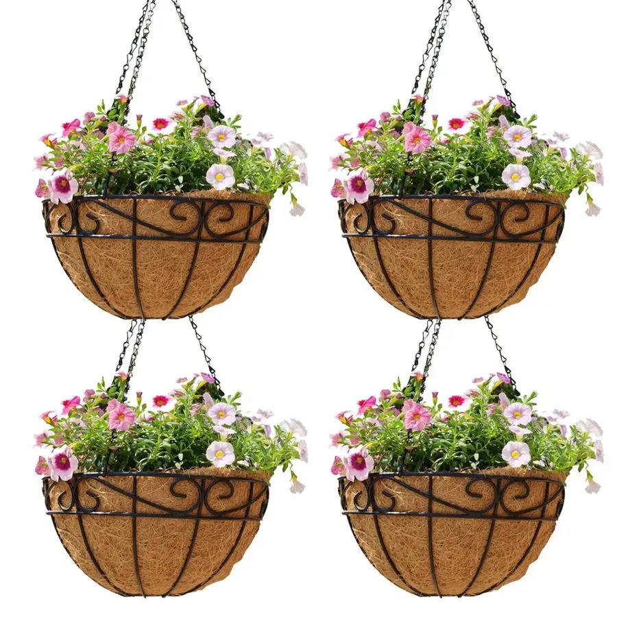 

4 Pack 12 Inch Hanging Baskets for Plants Outdoor Metal Hanging Planter Hanging Flower Baskets with Coco Fiber Liners Chain Roun