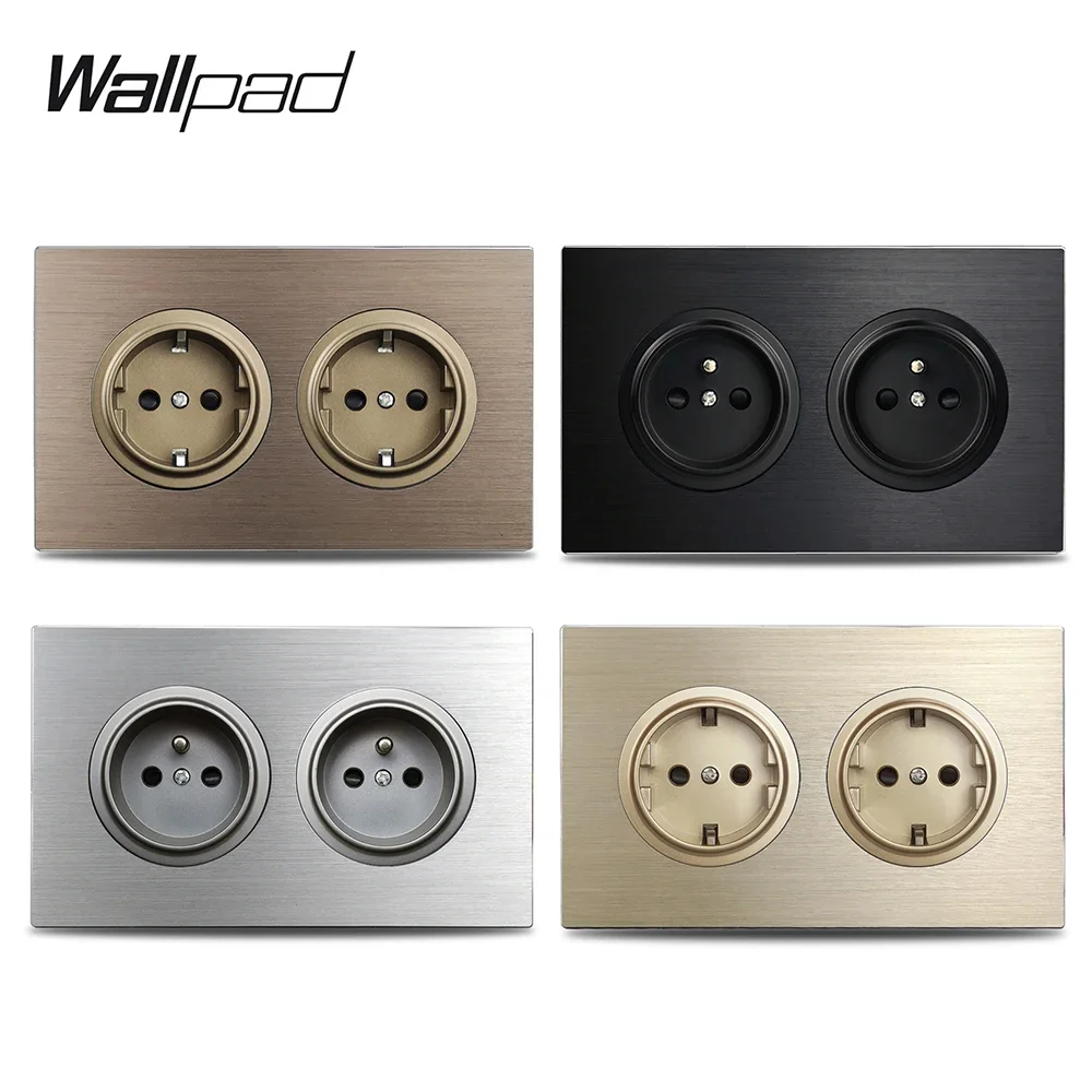 Double EU French Electrical Power Outlet Brown Brushed Aluminum Panel Wall Socket 146 * 86mm Wallpad L6