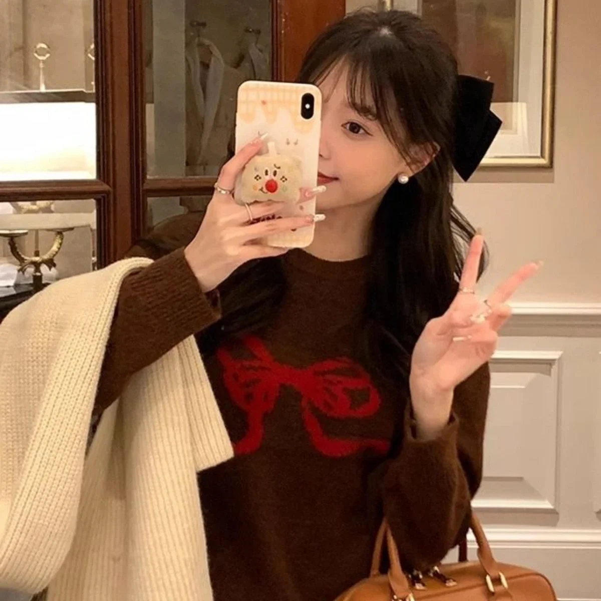 Sweater Tops Sweet Age Reduction Lazy Wind Bow Knot Winter New Retro Style Temperament Warm Interior Layering Y2k  Bear Jumper