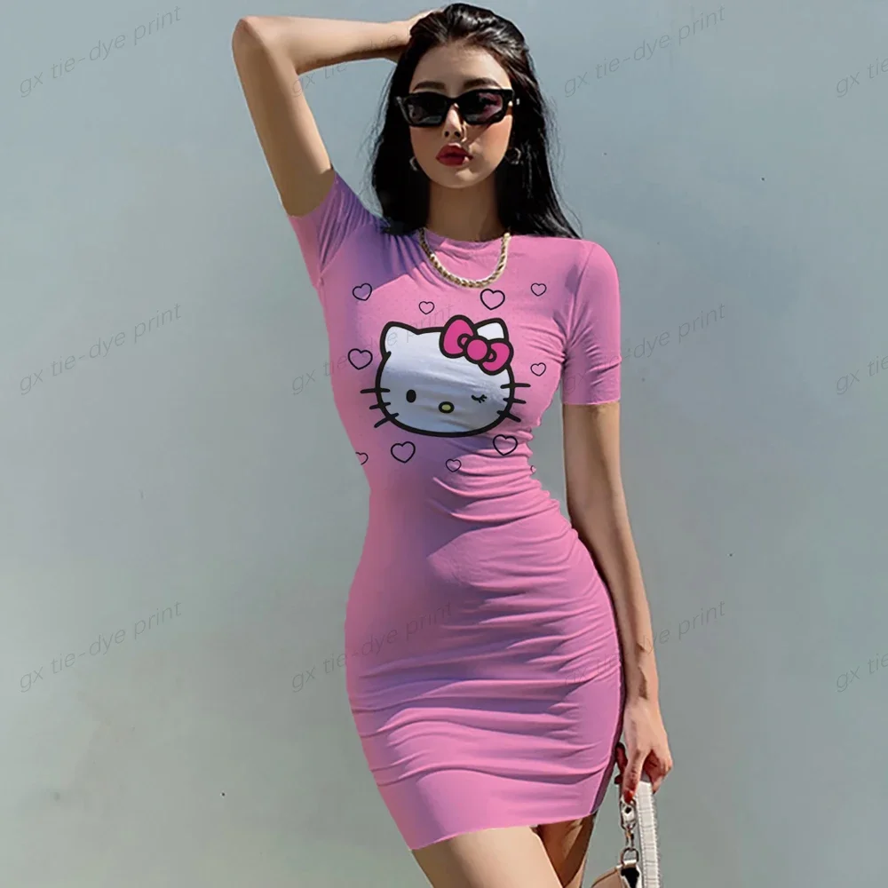 Vestido magro com estampa floral feminino, Sexy Stretch, Vestido fino, Diversão Hello Kitty, 3D Print, Mini, Casual, Lady, Verão, Novo, Moda