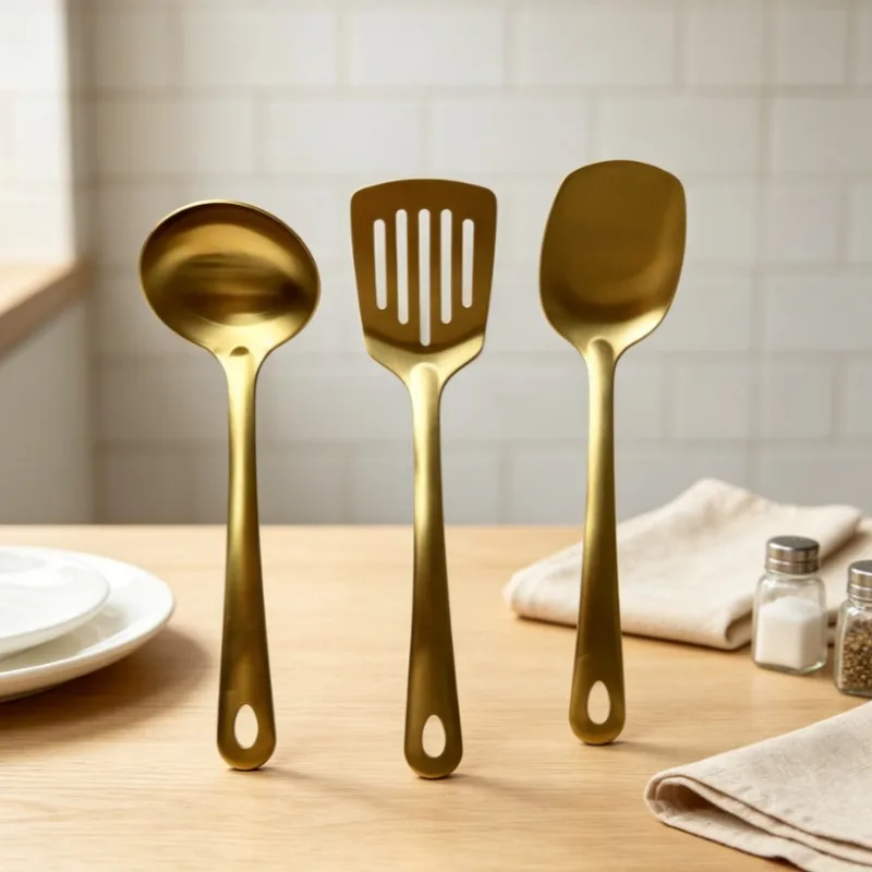 Gold Kitchen Utensils,Stainless Steel Cooking Accessories Cooking Tools,Spatula Slotted Turner，Ladle,Serving Spoon