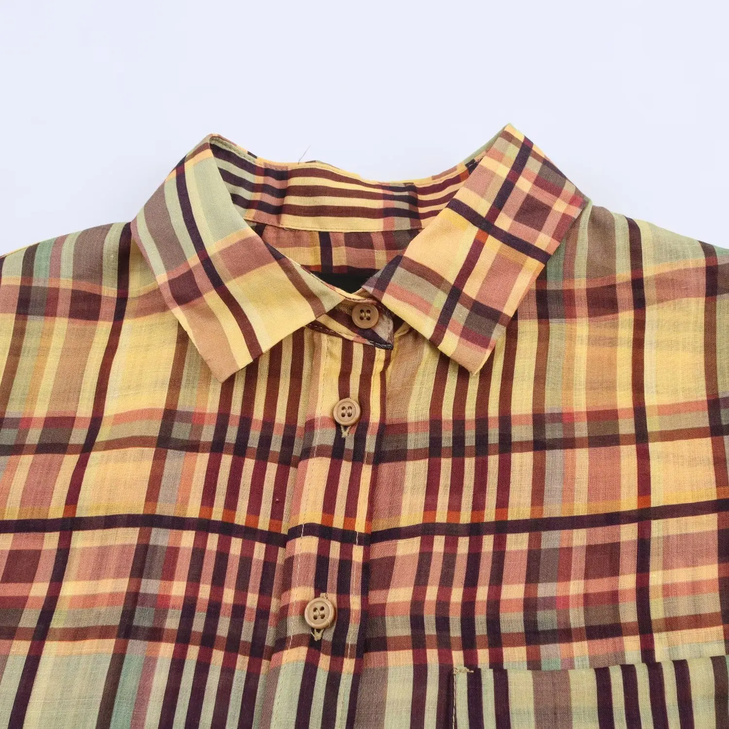 PB&ZA2025 camicia a quadri in lino a maniche lunghe con risvolto allentato casual autunno nuova tasca singola da donna