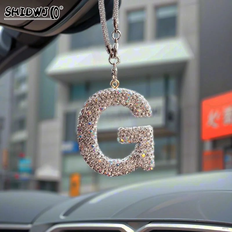 모조 다이아몬드 글자 자동차 백미러 펜던트, 크리스탈 자동차 장식, 블링 액세서리, 매달림, 창의적이고 반짝이는 매력, 1PC