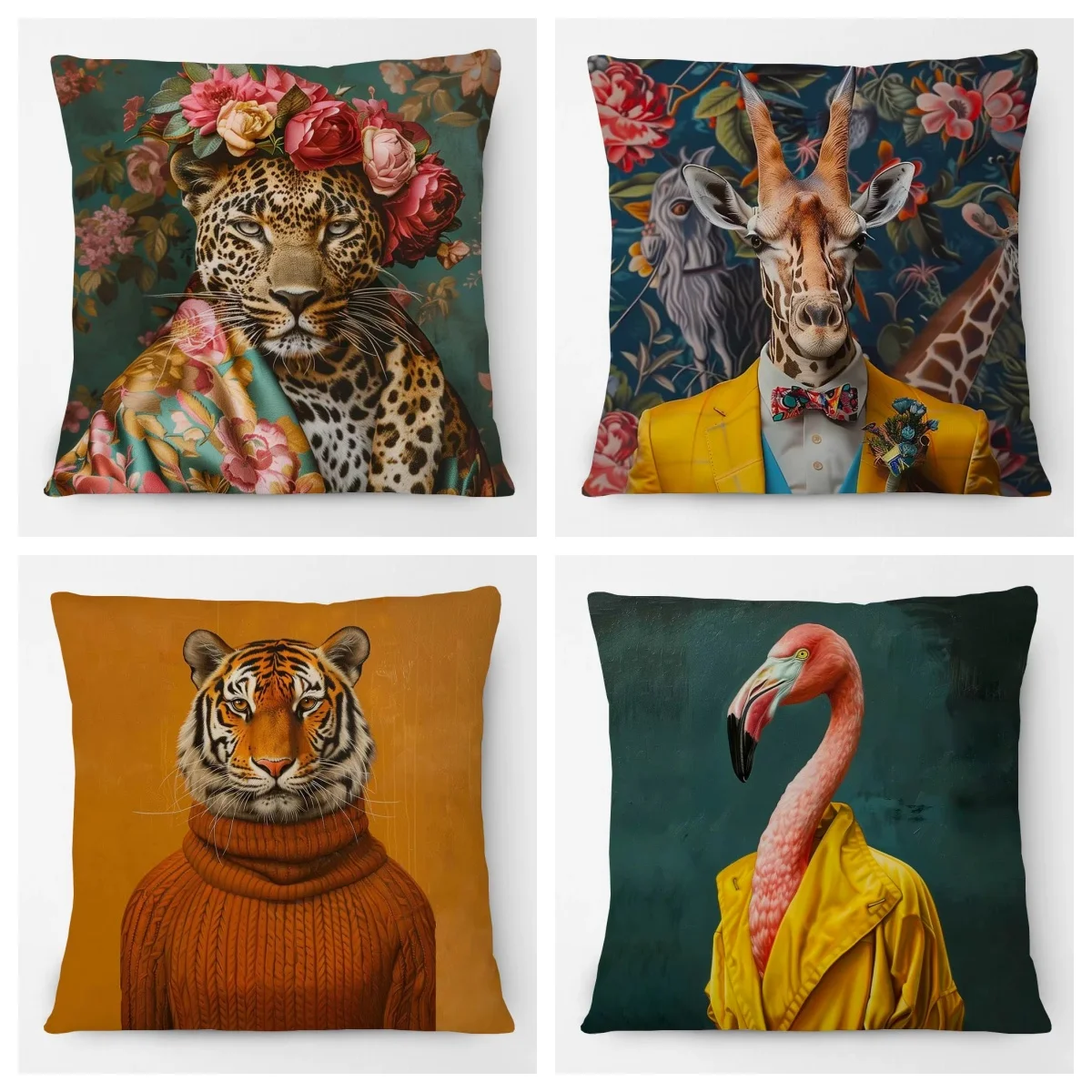 Elegant Giraffe Flamingo Female Leopard Animals Portrait Pillow Cover Room Decor Cushion Cover Sofa Pillowcases  Decoration