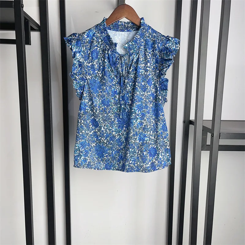 

Women Floral Printed Vest Lace-up Ruffled Collar Sleeveless Vintage Summer 2024 Tank Tops